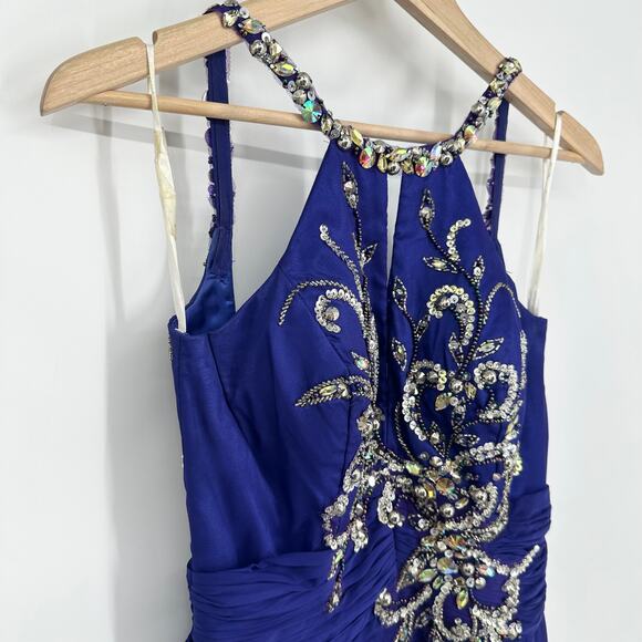 Mac Duggal Beaded Sequin Halter Maxi Prom Dress Cut-Out Open Back Sparkle Gown - Picture 12 of 13